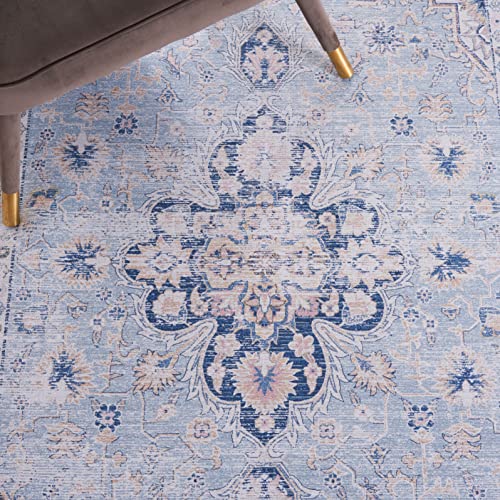 SAFAVIEH Tucson Collection Area Rug - 6' Square, Light Blue & Navy, Persian Design, Non-Shedding Machine Washable & Slip Resistant Ideal for High Traffic Areas in Living Room, Bedroom (TSN147M)