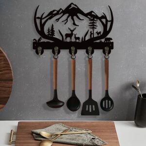 SCITOY Deer Key Hooks, Animal Theme Wall Mount Organizer, Wooden Key Holder with 5 Metal Hooks,19 * 29 * 3cm Black Home Decoration for Storage, Living Room, Hallway, Office