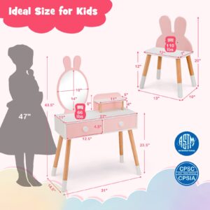 GLACER Kids Vanity Table and Chair Set, Vanity Set with Chair, Removable Mirror, 2 Large Drawers, Storage Shelf and Beech Wood Legs for Girls, Makeup Dressing Table and Chair for Toddlers, Pink