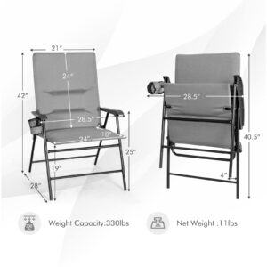 Tangkula Patio Chairs Folding Set of 2, No Assembly High Back Cushioned Heavy Duty Steel Frame Outdoor Chair with Cup Holder, Supports up to 330lbs, for Camping, Lawn, Garden, Yard, Picnic (Grey)