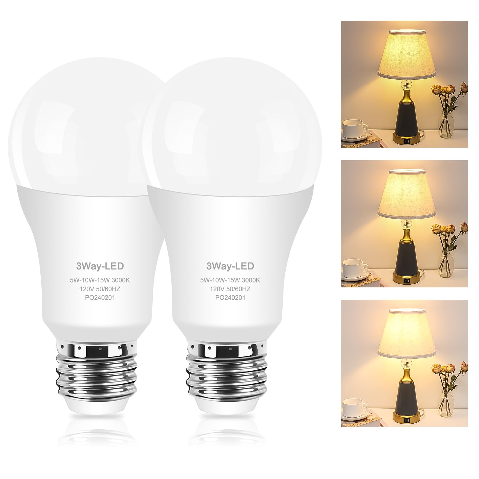 Zorykn 3 Way Light Bulbs 50 100 150 Warm White, A19 3000K, 5/10/15W Energy Saving 500 1000 1500 Lumens, E26 Base LED Bulbs Perfect for Reading, 2 Pack