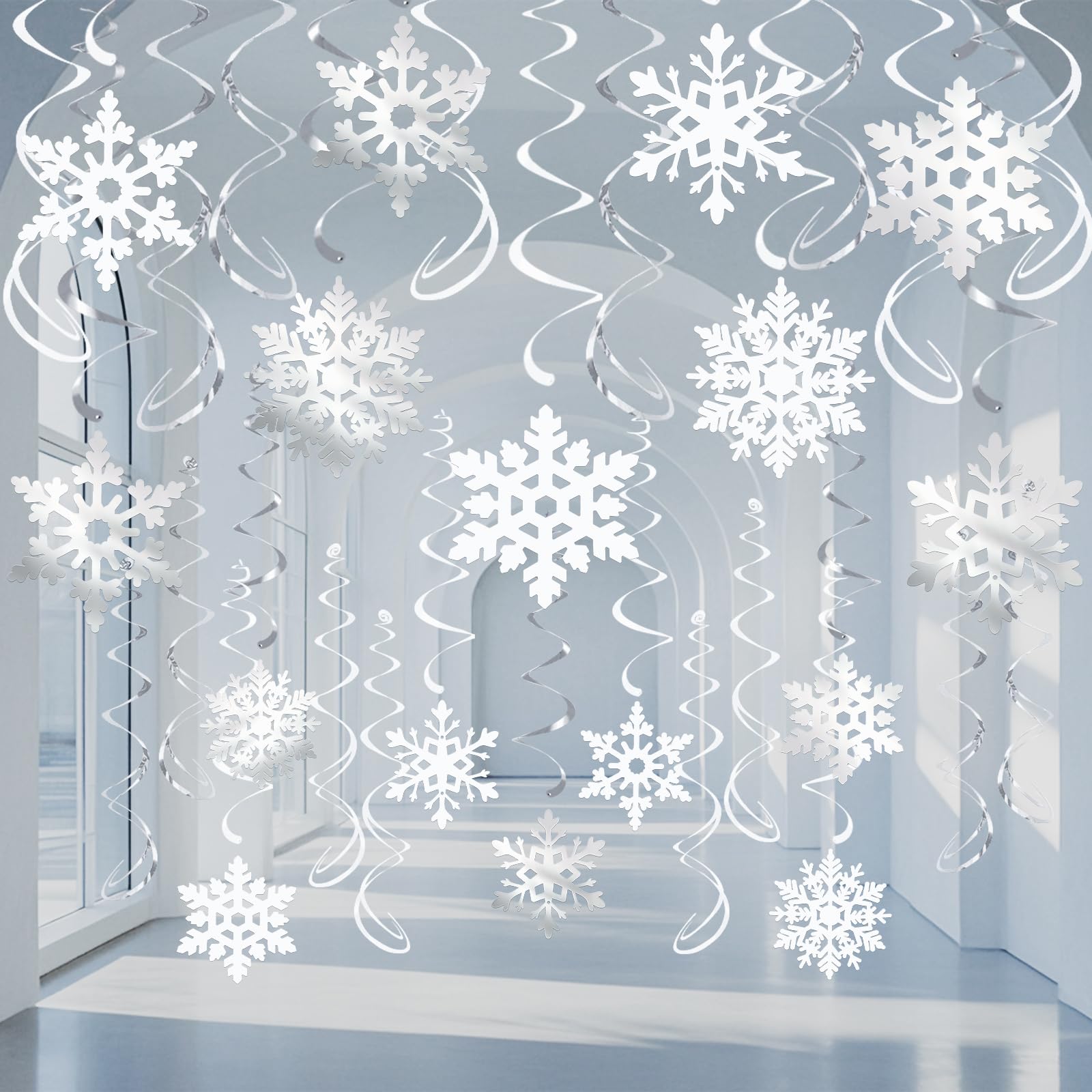 Christmas Winter Wonderland Snowflake Hanging Swirls Party Decoration White Silver Glitter Ceiling Decor Winter Holiday Party Decorative Snowflake Ornaments Garland for New Year Winter Wonderland