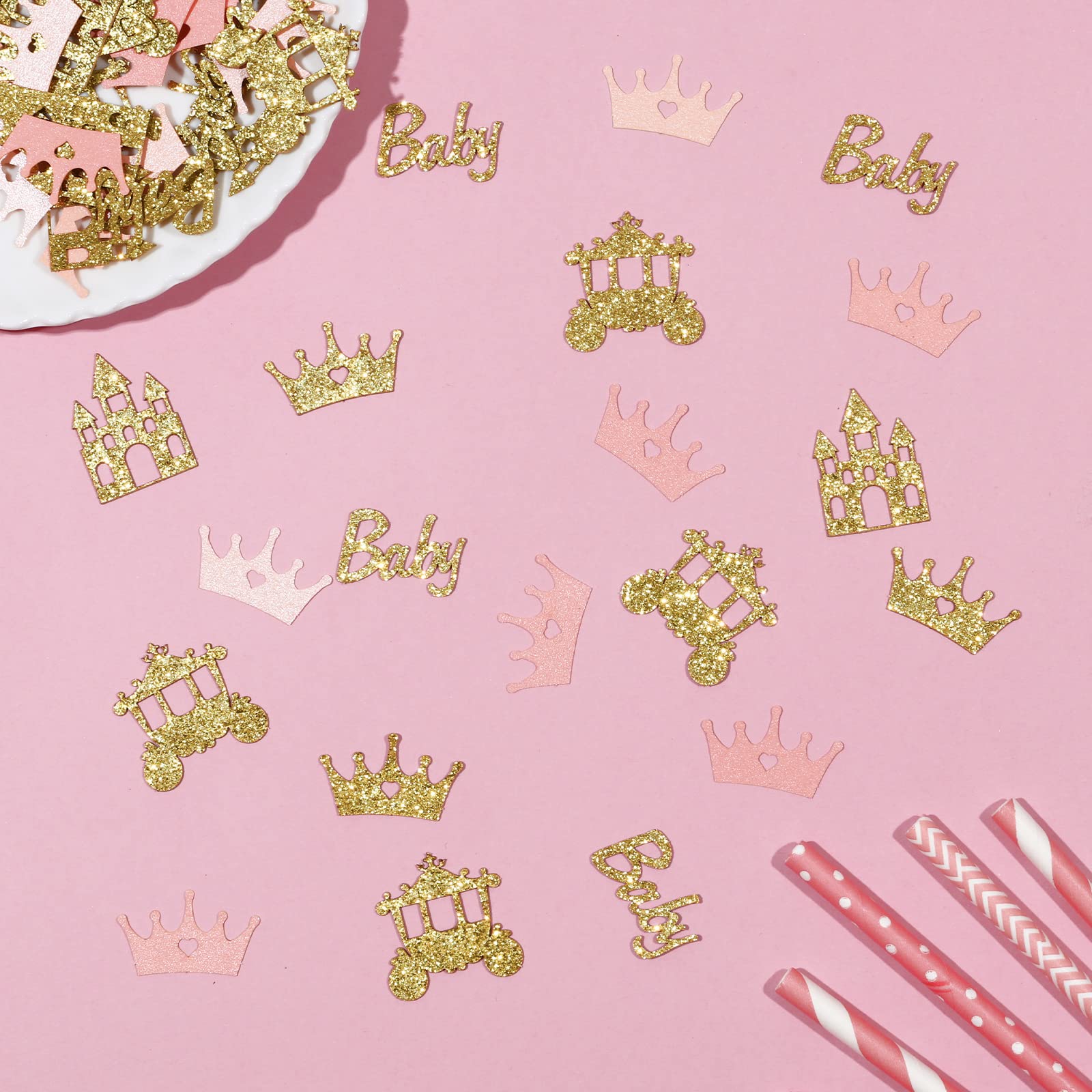 200pcs Princess Baby Shower Confetti - Pink and Gold Princess Baby Shower Decorations for Girl, Glitter Crown, Carriage, Castle Confetti, Baby Princess Table Scatter for Gender Reveal