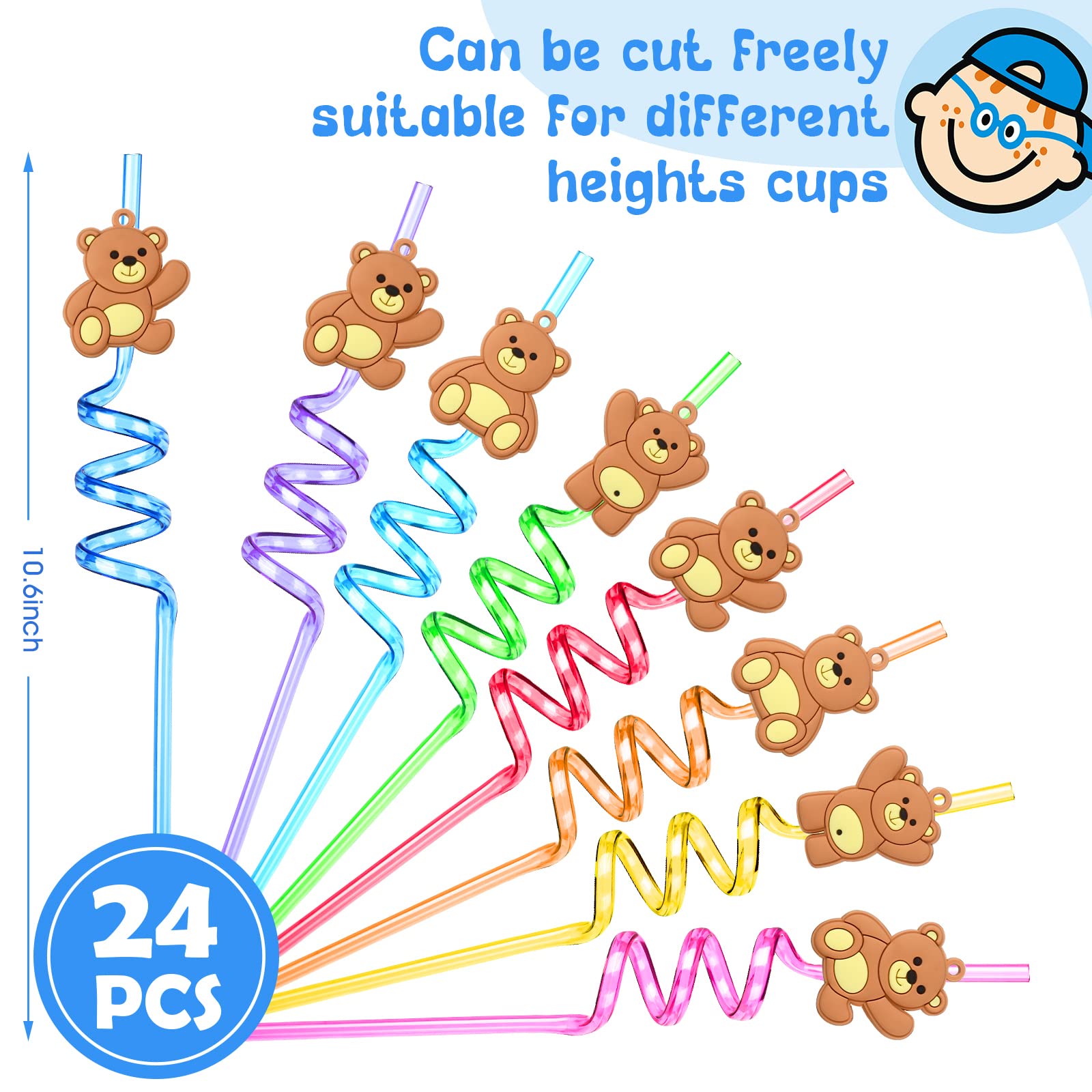 24 Pieces Bear Party Favor Bear Party Straws Reusable Bear Straws Kids Bear Drinking Straw for Bear Baby Shower Birthday Party Supplies with 2 Cleaning Brushes