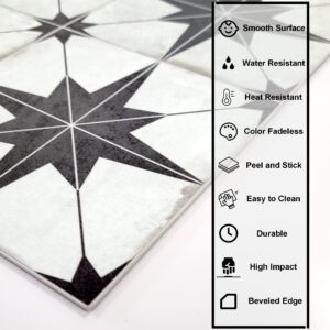 Peel and Stick Encaustic Backsplash Tile. Black Star Patterned Stick on Tile. Self-Adhesive Wall Tile Sticker for Kitchen Bathroom Fireplace Stairs. 10 Sheets