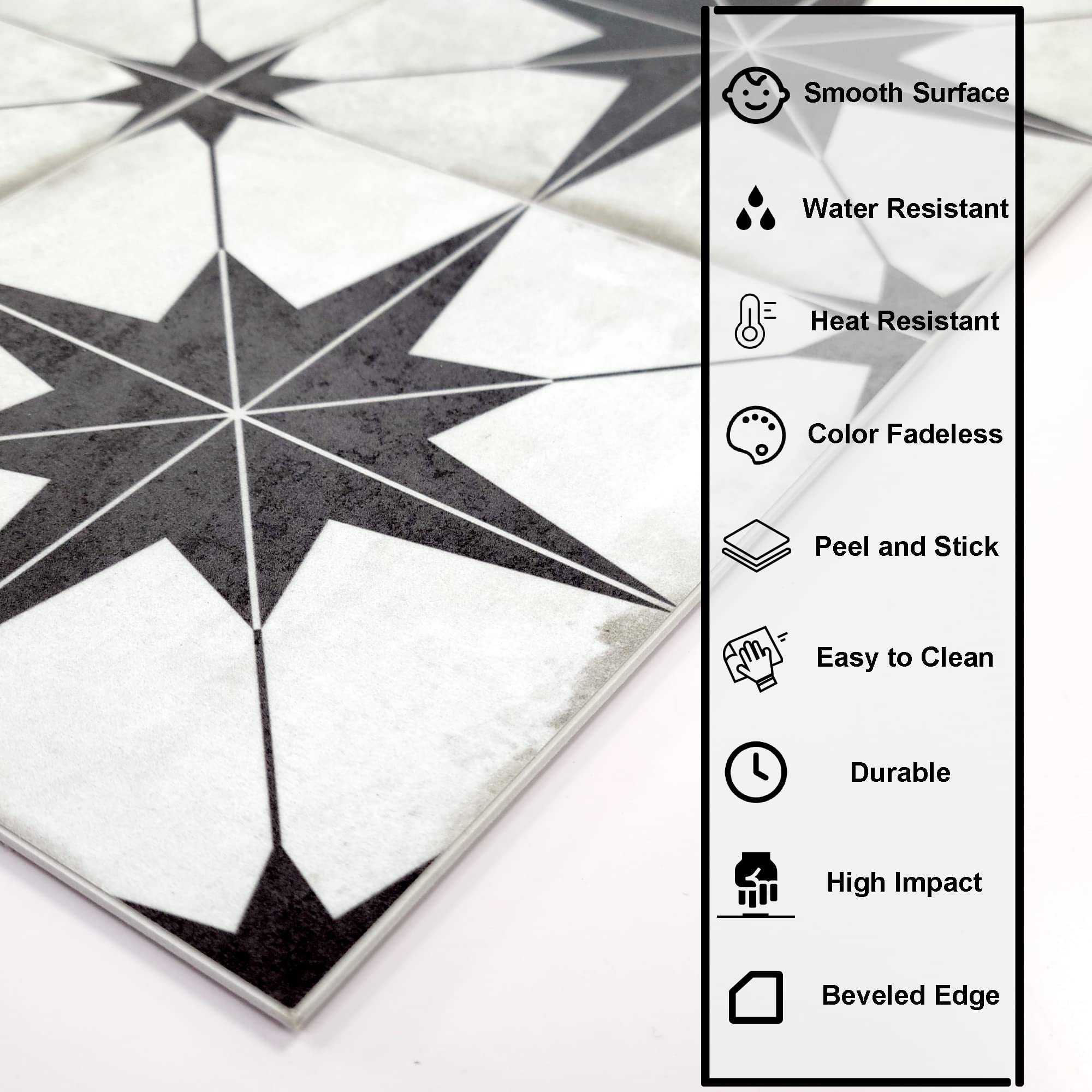 Peel and Stick Encaustic Backsplash Tile. Black Star Patterned Stick on Tile. Self-Adhesive Wall Tile Sticker for Kitchen Bathroom Fireplace Stairs. 10 Sheets