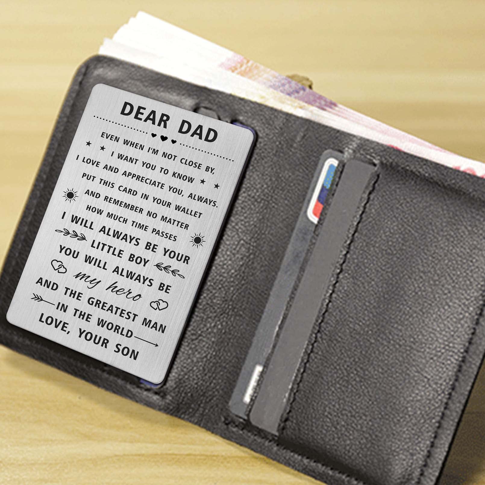 SOUSYOKYO Dad Christmas Card Gift from Son - Dear Dad Card from Son, Dad Birthday Gifts from Son, Cool Thank You Present for Dad from Son, Unique Dad is My Hero Stainless Steel Wallet Card