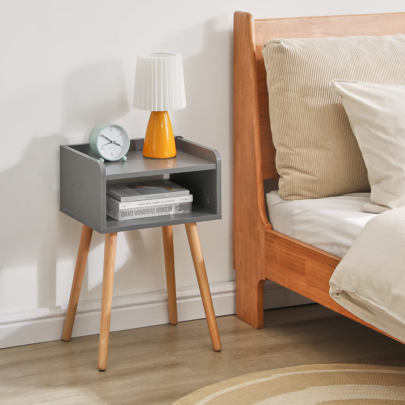 IBUYKE Nightstand, Mid-Century Modern Bedside Table with Solid Wood Legs, Minimalist and Practical End Side Table with Open Storage Shelf, for Living Room/Bedroom/Office, Grey UWNS003G