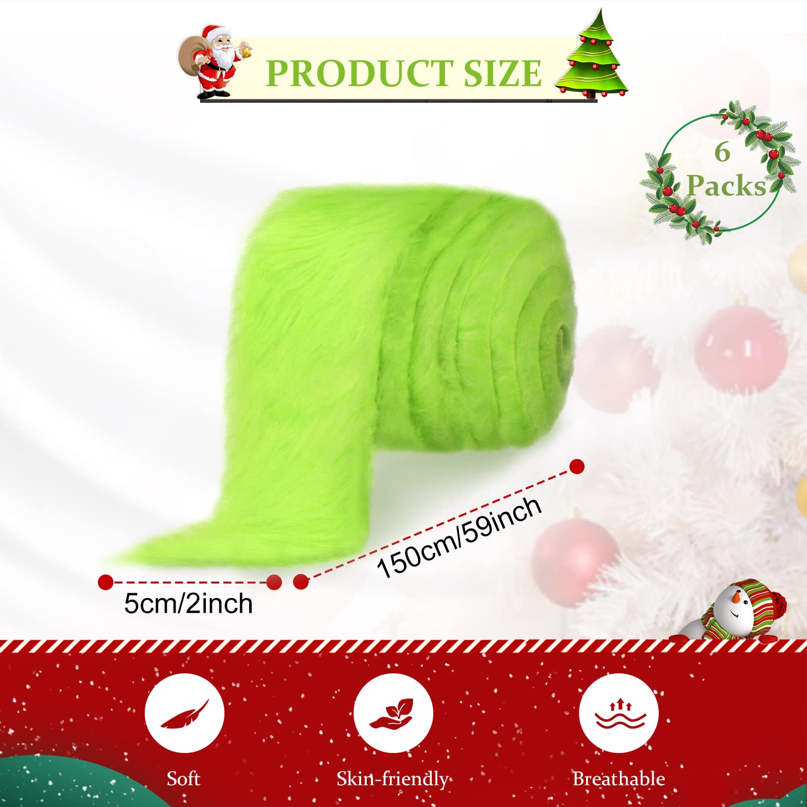 480 Inches Green Fur Fabric Faux Fur St Patricks Day Ribbon Precut Fluffy Fuzzy Craft Shaggy Plush Fabric for DIY Gnome Dolls Dwarf Cosplay Costume Rug Sewing 2 x 60 Inch