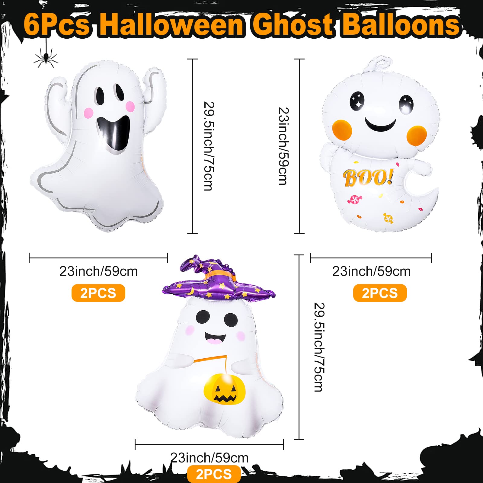 6Pcs Ghost Halloween Balloons Decorations， Giant Spooky Foil Mylar Balloons for Halloween Spooky Themed Birthday Baby Shower Wedding Party Decor Supplies