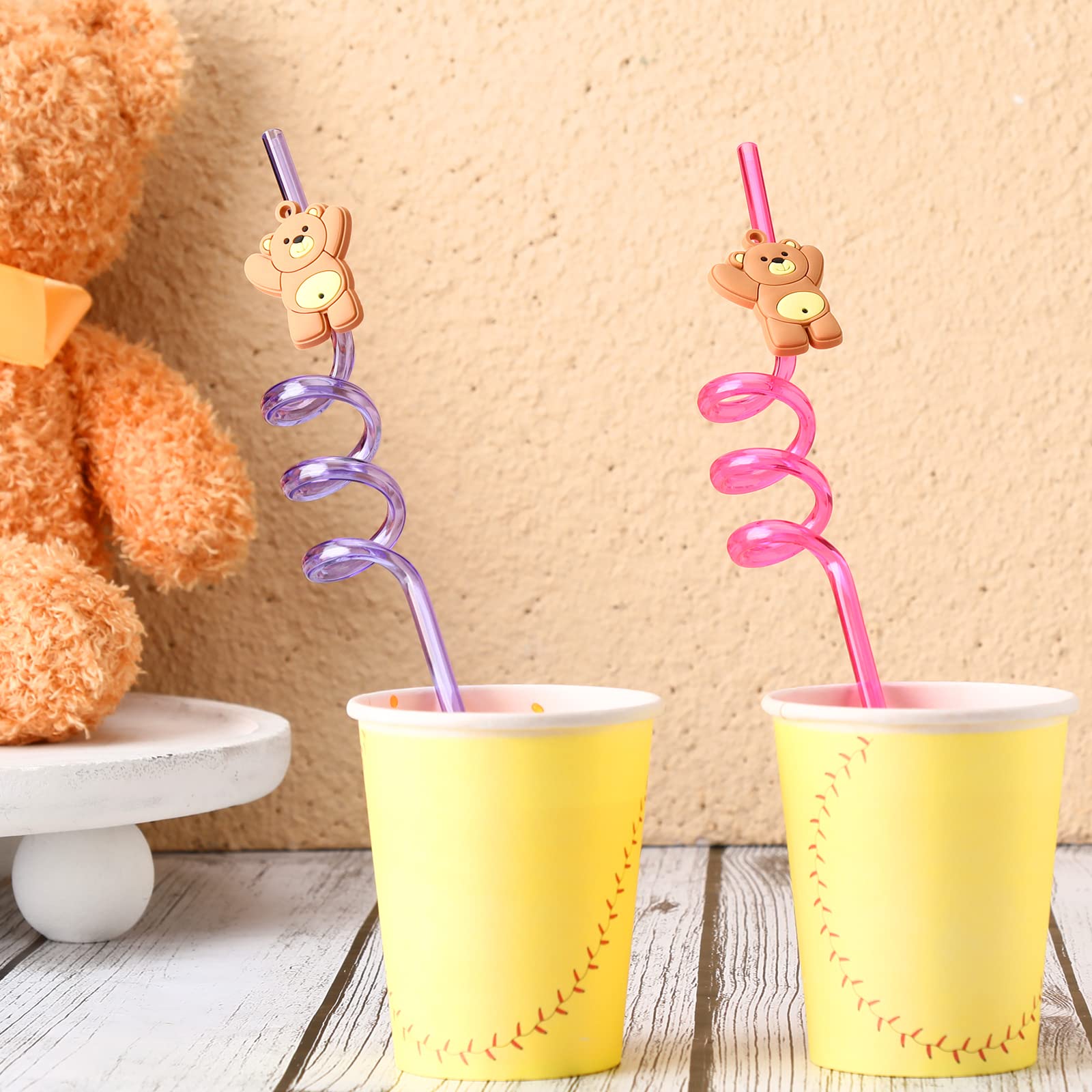 24 Pieces Bear Party Favor Bear Party Straws Reusable Bear Straws Kids Bear Drinking Straw for Bear Baby Shower Birthday Party Supplies with 2 Cleaning Brushes