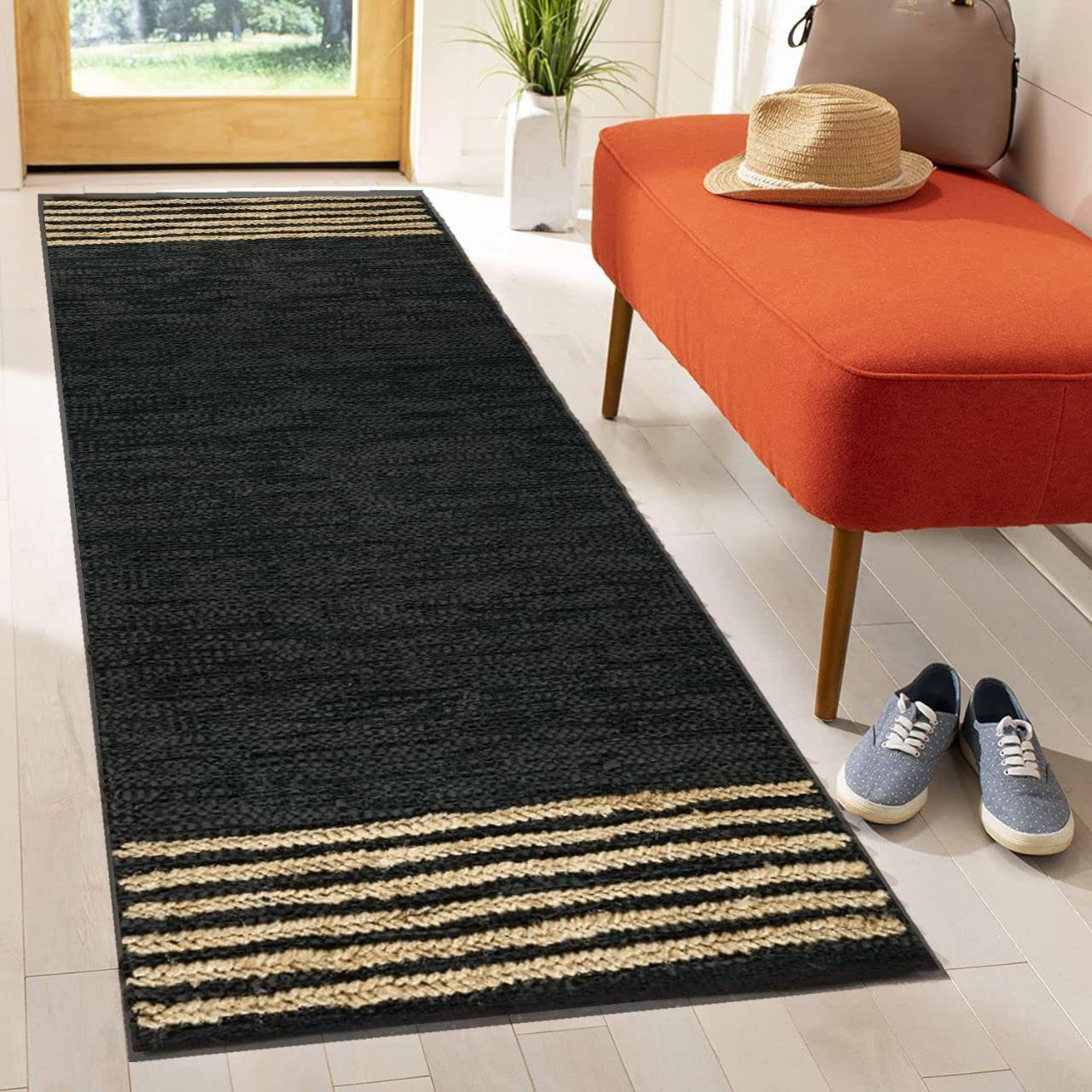 GRUHUM Jute Runner Rug 2'6"x 8' ft Natural Fibre Black Rectangular Jute Area Rug Leather Handwoven Boho Farmhouse Braided Rustic Vintage Eco Friendly Rug Kitchen Livingroom Bedroom Hallways Enterways