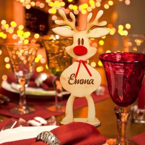 Custom Freestanding Santa’s Reindeers Place Cards For Table Setting with Names Personalized Christmas Dinner Table Decorations Party Table Number Wooden Sign (Custom Names, 15CM)