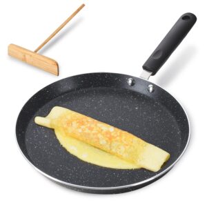 buecmue 10.5 inch nonstick crepe pan with spreader, granite coating skillet pan for roti egg omelet tortilla tawa dosa, flat frying pan, induction compatible pfoa & ptfes free