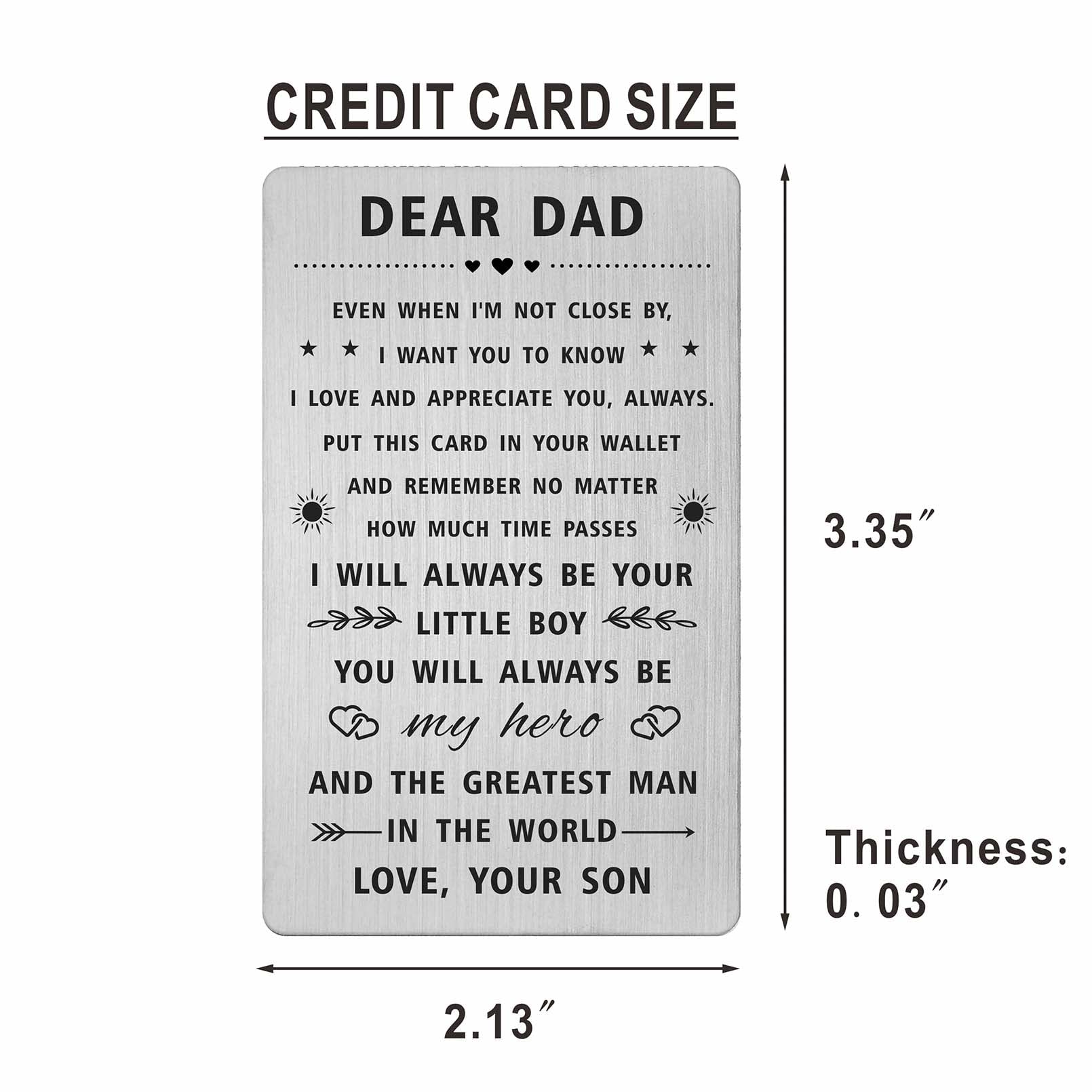 SOUSYOKYO Dad Christmas Card Gift from Son - Dear Dad Card from Son, Dad Birthday Gifts from Son, Cool Thank You Present for Dad from Son, Unique Dad is My Hero Stainless Steel Wallet Card