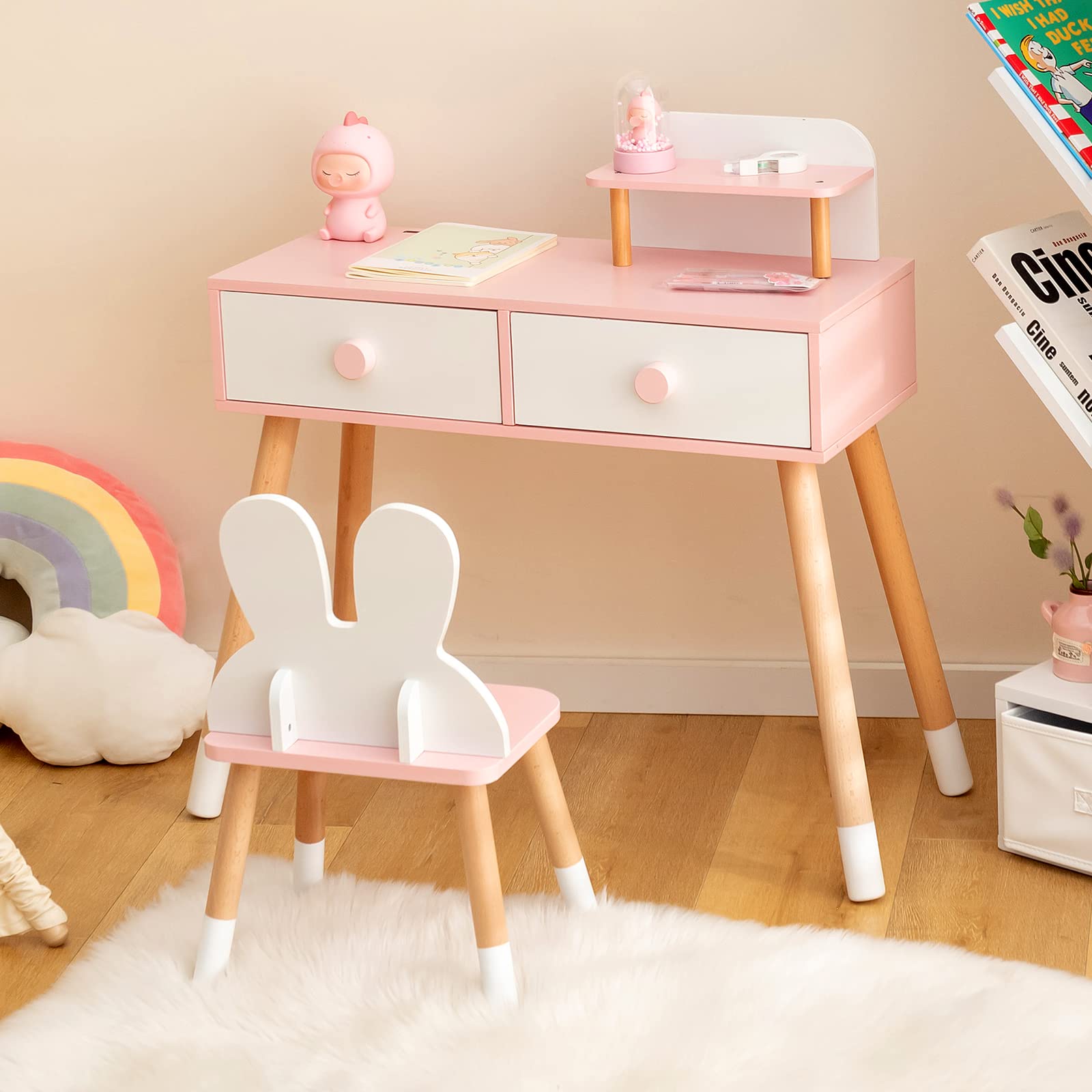 GLACER Kids Vanity Table and Chair Set, Vanity Set with Chair, Removable Mirror, 2 Large Drawers, Storage Shelf and Beech Wood Legs for Girls, Makeup Dressing Table and Chair for Toddlers, Pink