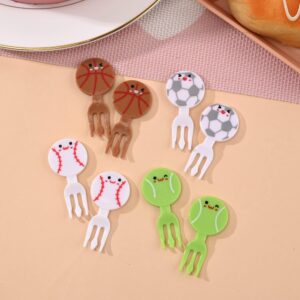 IUAQDP 24 Pieces Sports Ball Fruit Fork, Mini Cute Cartoon Food Picks for Children Bento Decor, Plastic Snack Forks for Cake Dessert Pastry Party Supply, Football Basketball Baseball Tennis Pattern