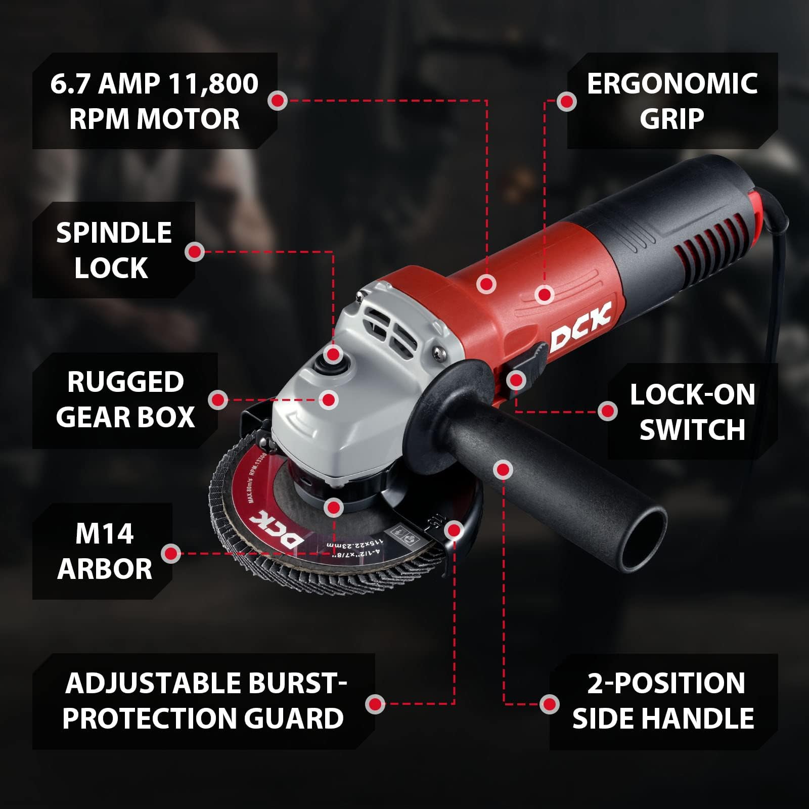 DCK Angle Grinder, 4-1/2-Inch, 6.7Amp Corded Angle Grinder, 11,800 RPM with 2 Safety Guards, 6-Piece Discs (2 Cutting/2 Grinding/2 Flap Discs), Professional Angle Grinder for Metal, Wood (KSM09-115S）