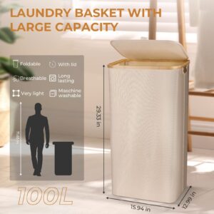 yamagahome Laundry Basket with Lid, 100L Large Laundry Collector Storage Basket with 2 Removable Washable Laundry Bags, Foldable Big Laundry Sorter Made of Bamboo and Oxford Fabric for Bathroom