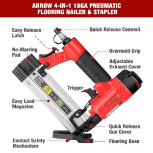 Arrow 4-in-1 Pneumatic 18 Gauge Flooring Stapler/Nailer, Oil-Free Mini 18 GA Pneumatic Flooring Staple Gun/Nail Gun with 1200 Pcs Staples/Nails, Adjustable Depth, for Upholstery, Flooring