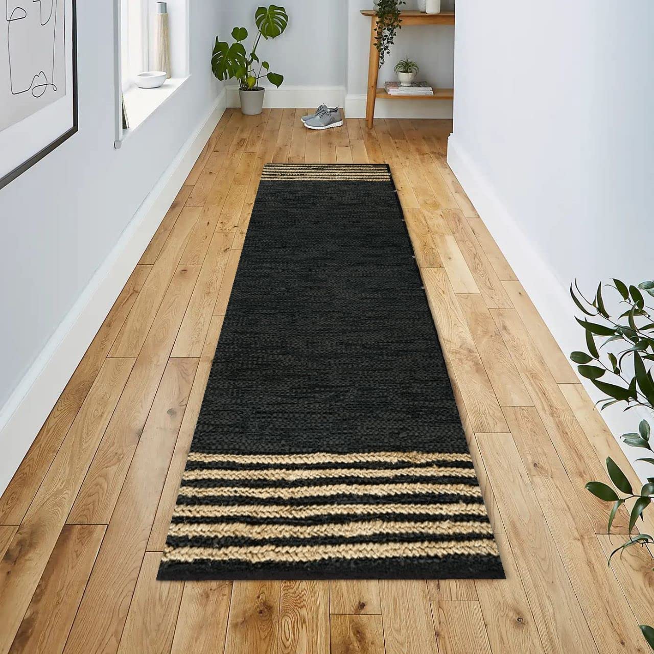 GRUHUM Jute Runner Rug 2'6"x 8' ft Natural Fibre Black Rectangular Jute Area Rug Leather Handwoven Boho Farmhouse Braided Rustic Vintage Eco Friendly Rug Kitchen Livingroom Bedroom Hallways Enterways