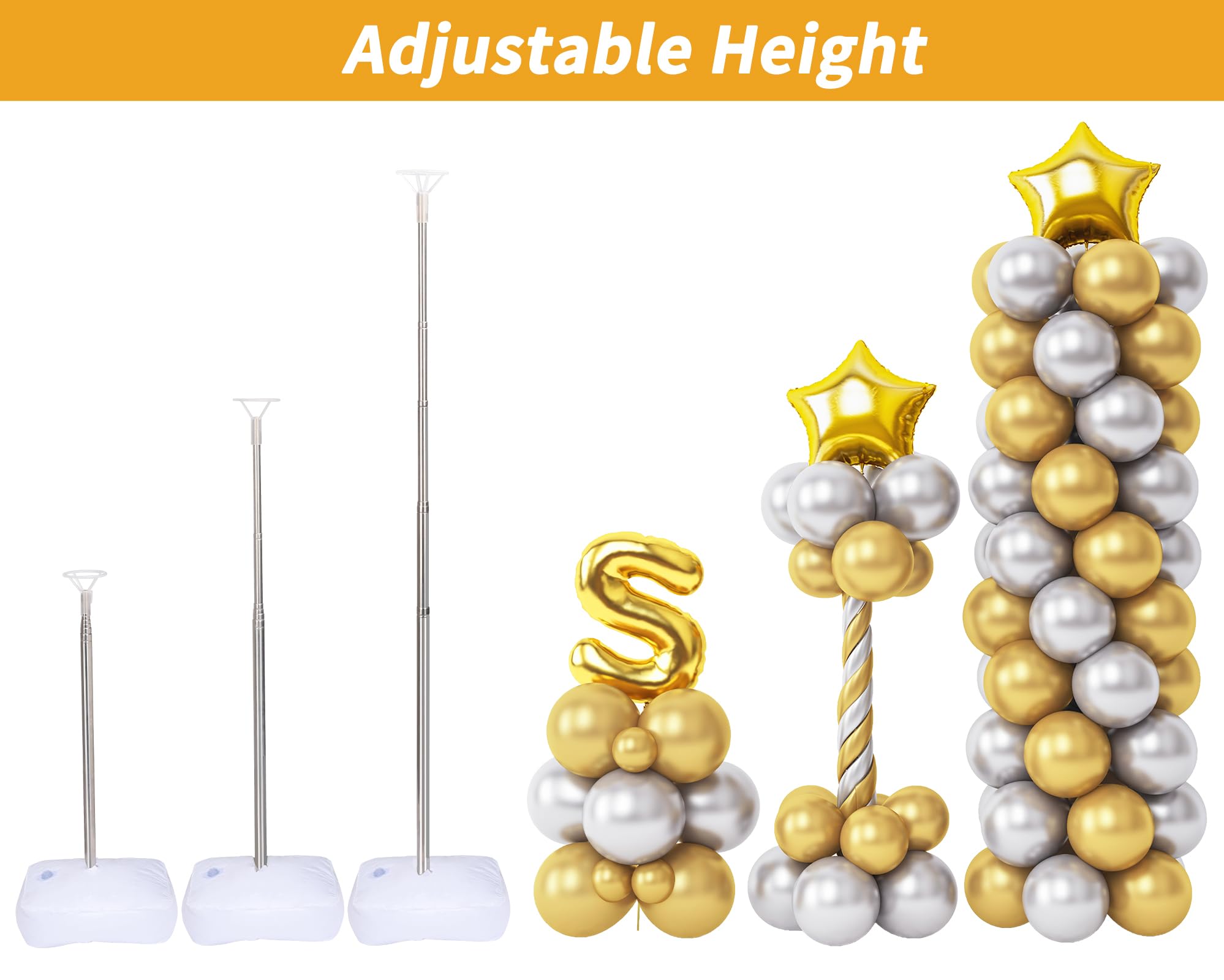 RUBFAC Balloon Stand Kit, 2 Sets of Adjustable Height (Max 6.6ft) Balloon Column Kit for Floor with Telescopic Pillar for Baby Shower Birthday Party Graduation Wedding Valentine's Day Decorations