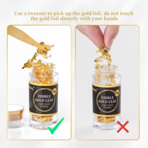 Cobakey Genuine Edible Gold Leaf Flakes - 50mg Edible Gold Flakes for Cake Decoration (Cupcake, Chocolate, Steak, Drink & Cooking), Gold Leaf with Edible Glitter & Wooden Tweezers