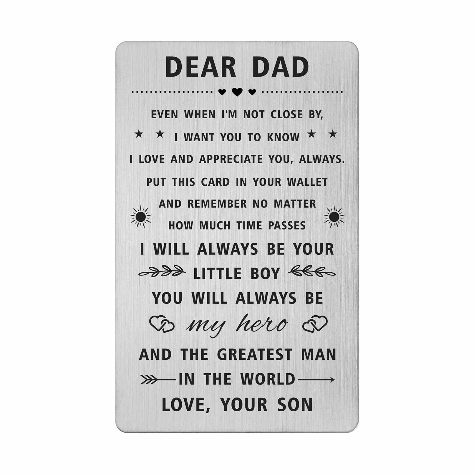 SOUSYOKYO Dad Christmas Card Gift from Son - Dear Dad Card from Son, Dad Birthday Gifts from Son, Cool Thank You Present for Dad from Son, Unique Dad is My Hero Stainless Steel Wallet Card