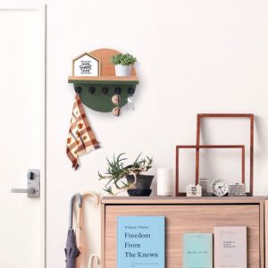 CRAKTH Key and Mail Holder for Wall Decorative, Wooden Boho Key Hanger with Shelf, Unique Two-Tone Circular Design Entryway Key Rack - Brown & Green