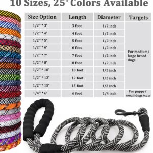 MayPaw Heavy Duty Rope Dog Leash, 3/4/5/7/6/8/10/12/15 FT Nylon Pet Leash, Soft Padded Handle Thick Lead Leash for Large Medium Dogs Small Puppy (12ft x 1/2", Black)