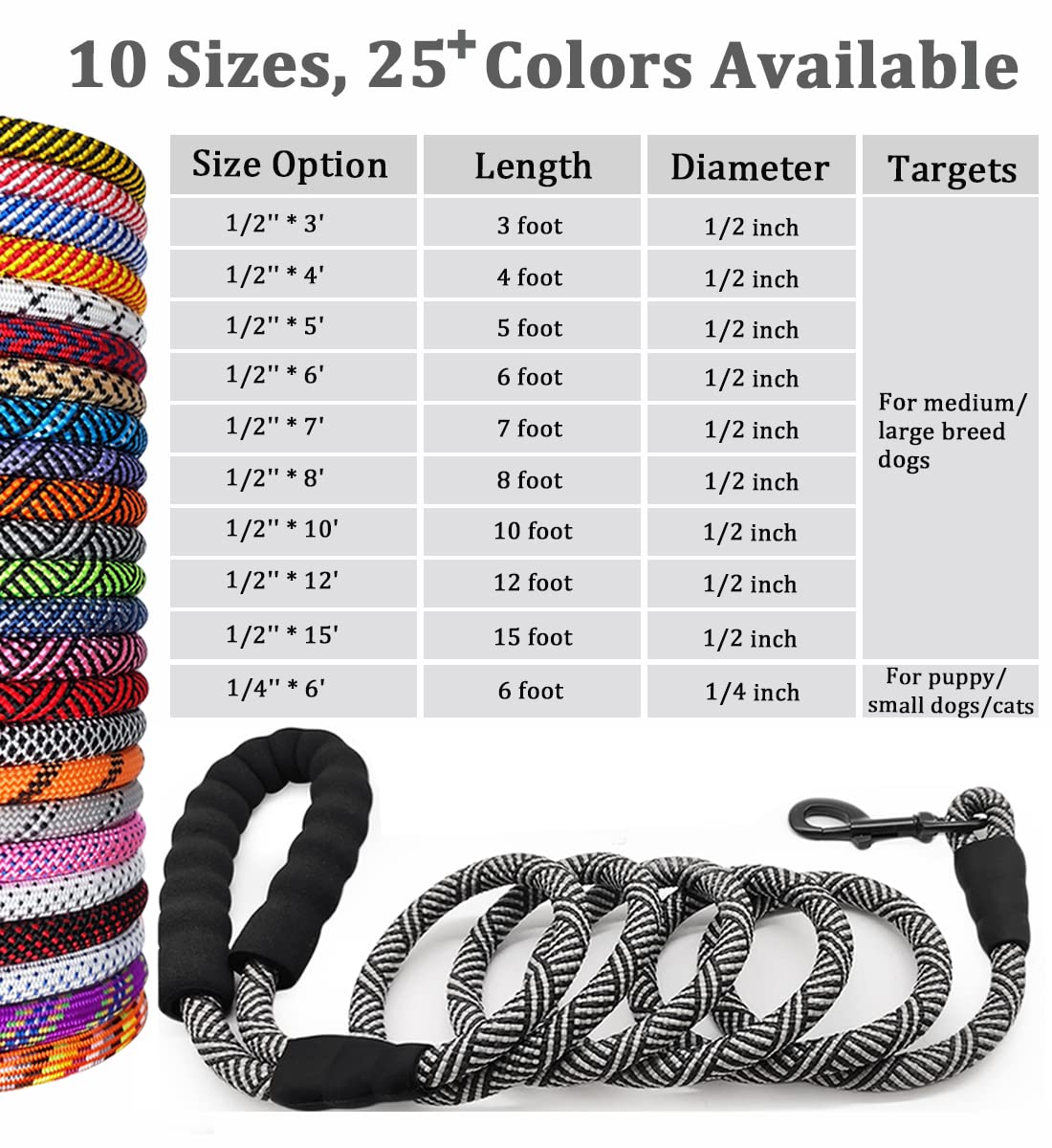 MayPaw Heavy Duty Rope Dog Leash, 3/4/5/7/6/8/10/12/15 FT Nylon Pet Leash, Soft Padded Handle Thick Lead Leash for Large Medium Dogs Small Puppy (12ft x 1/2", Black)