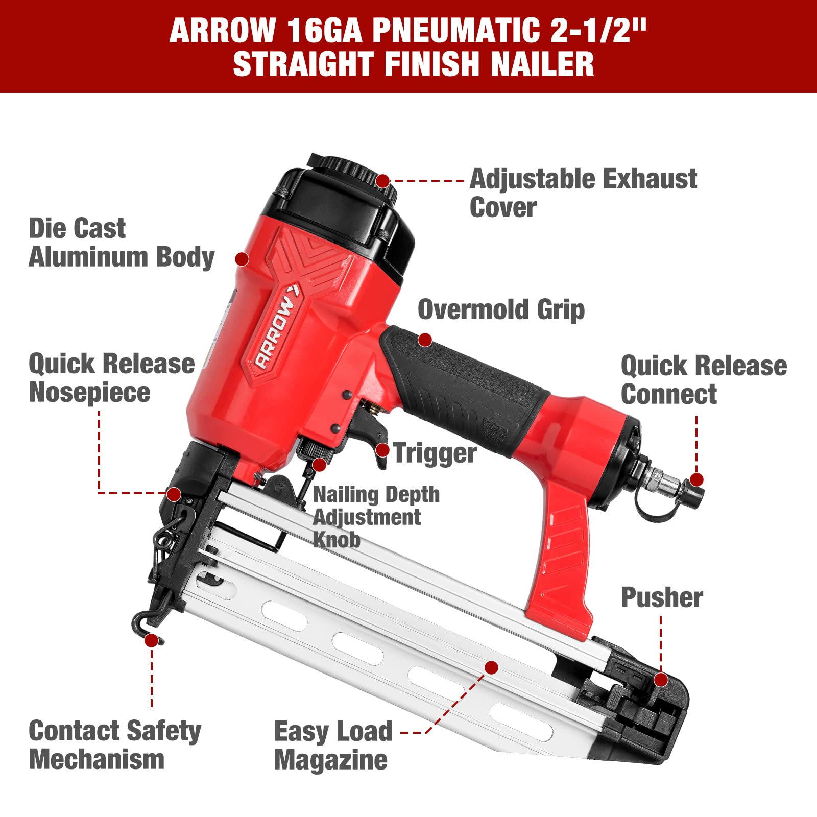 Arrow Pneumatic 16 Gauge Finish Nailer with 1000 Pcs Nails, 16 GA Professional Straight Nail Gun Kit, Oil-free Design, Depth Adjustable, Dryfire-lockout, Fits 1-1/4-Inch to 2-1/2-Inch Finish Nails