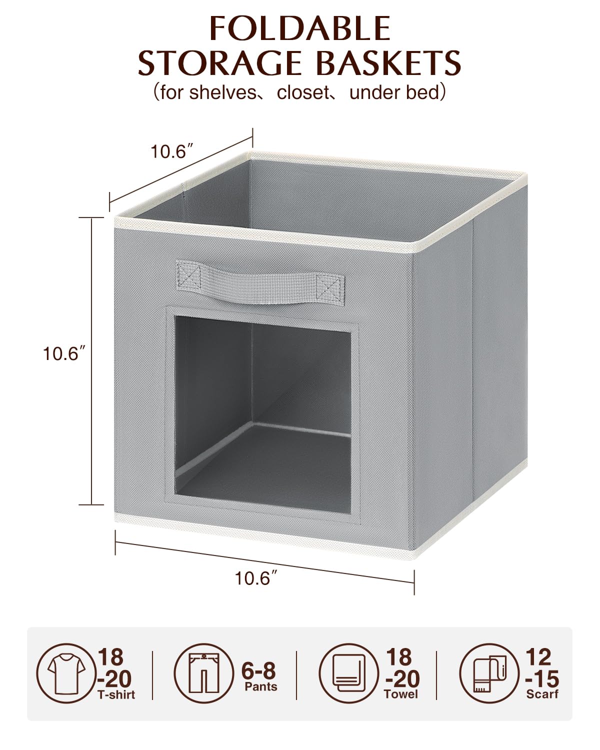 Homsorout Storage Cube 11 Inch - Cube Storage Bins with Window, Closet Storage Baskets with Handle, Fabric Bins for Closet, Shelves, Toys, Clothes, Set of 6, Grey