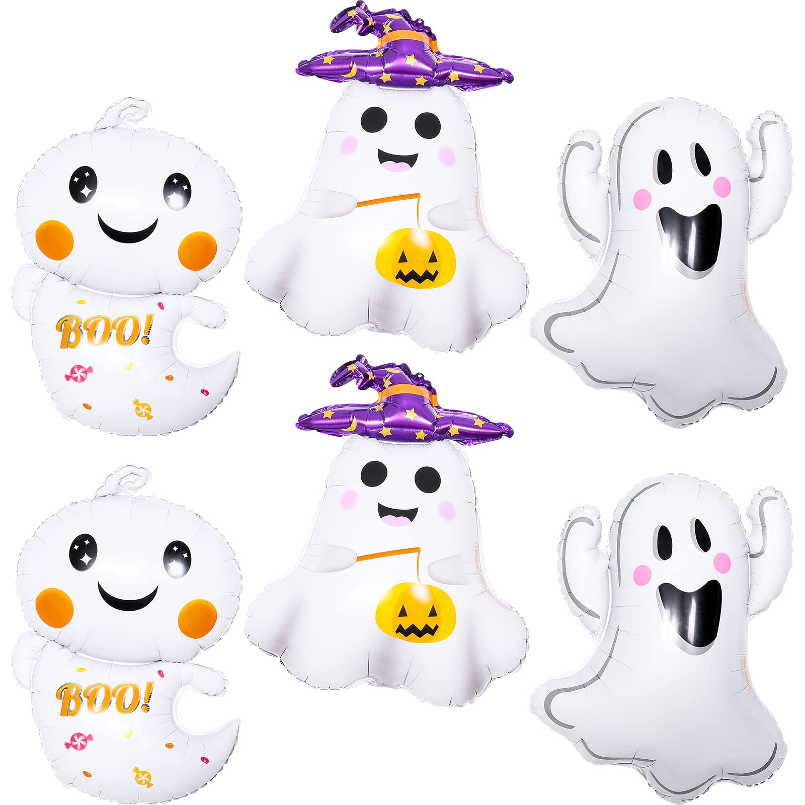 6Pcs Ghost Halloween Balloons Decorations， Giant Spooky Foil Mylar Balloons for Halloween Spooky Themed Birthday Baby Shower Wedding Party Decor Supplies