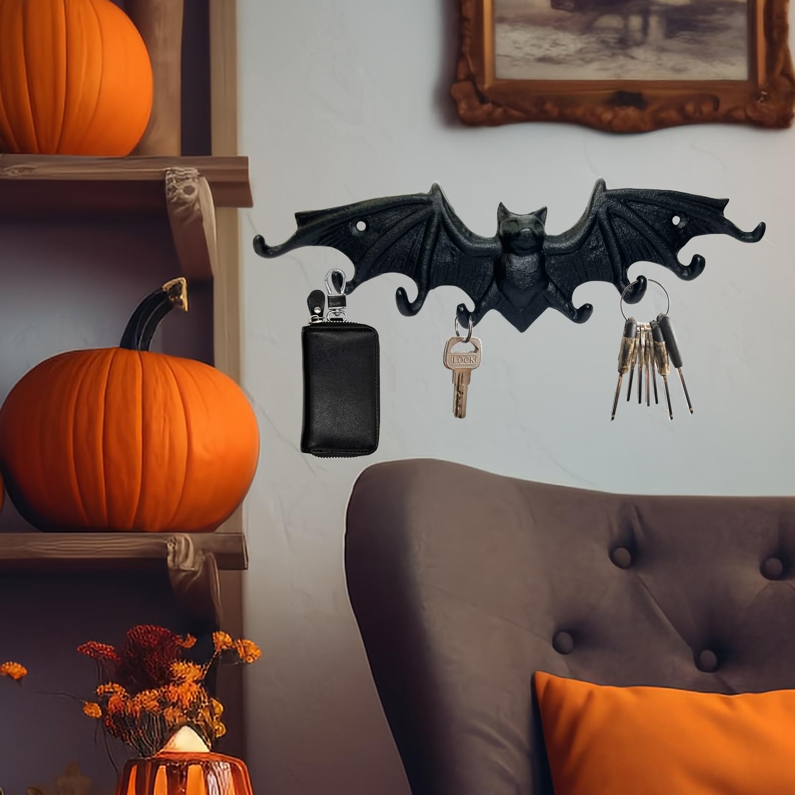 Hallocool Bat Key Holder Cast Iron Bat Key Hooks Decorative Hook Gothic Decor Vampire Bat Key Hanger Key Hooks for Hanging Dog Leash Wallet Belt Umbrella Towel, Bat Figure Wall Hook Halloween Bats