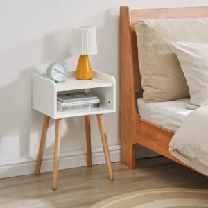 IBUYKE Nightstand, Mid-Century Modern Bedside Table with Solid Wood Legs, Minimalist and Practical End Side Table with Open Storage Shelf, Easy Assembly, White UWNS003W