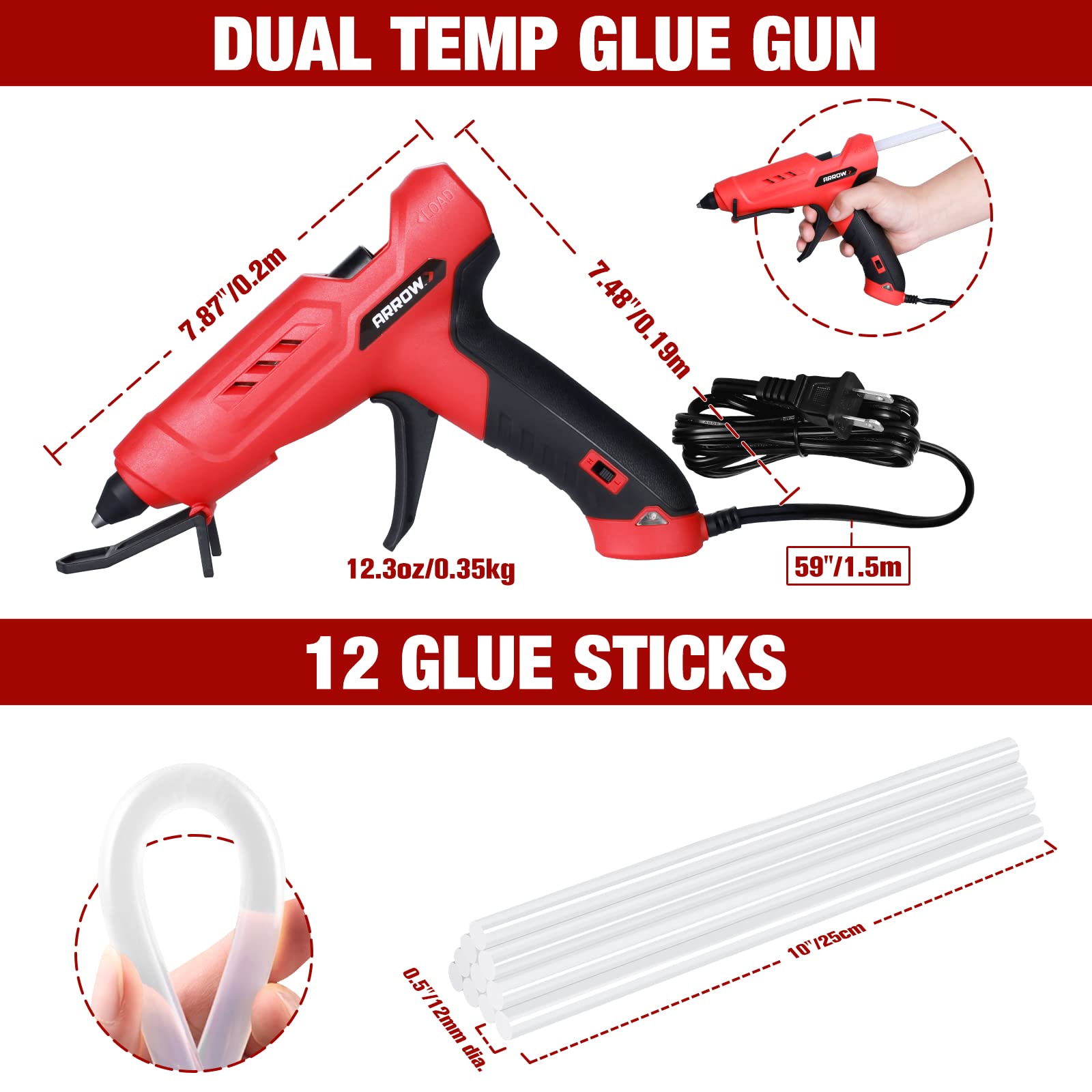 Arrow Full Size Dual Temp Glue Gun Kit with 12 Sticks - Professional, High/Low Temperature, Fast Heating, Heavy Duty with Stand for Décor, Crafts, Repairs, Construction