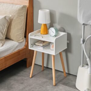 IBUYKE Nightstand, Mid-Century Modern Bedside Table with Solid Wood Legs, Minimalist and Practical End Side Table with Open Storage Shelf, Easy Assembly, White UWNS003W