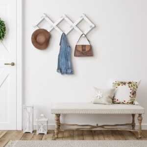 TRSPCWR 2 Pack Accordion Wall Hanger, Expandable Coat Rack Wall Mounted, Solid Wooden Wall Hat Rack, Wood Hat Hanger for Hanging Coat, Hats, Caps, Mugs, 10 Peg, White