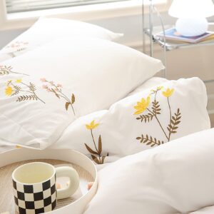 Move Over White Flower Pillow Cases Set of 2 Embroidery Flower Pillowcases King Size White Pastoral Pillow Covers Soft Washed Microfiber Girls Pink Yellow Flower Pillow Cases for Bedroom Decor