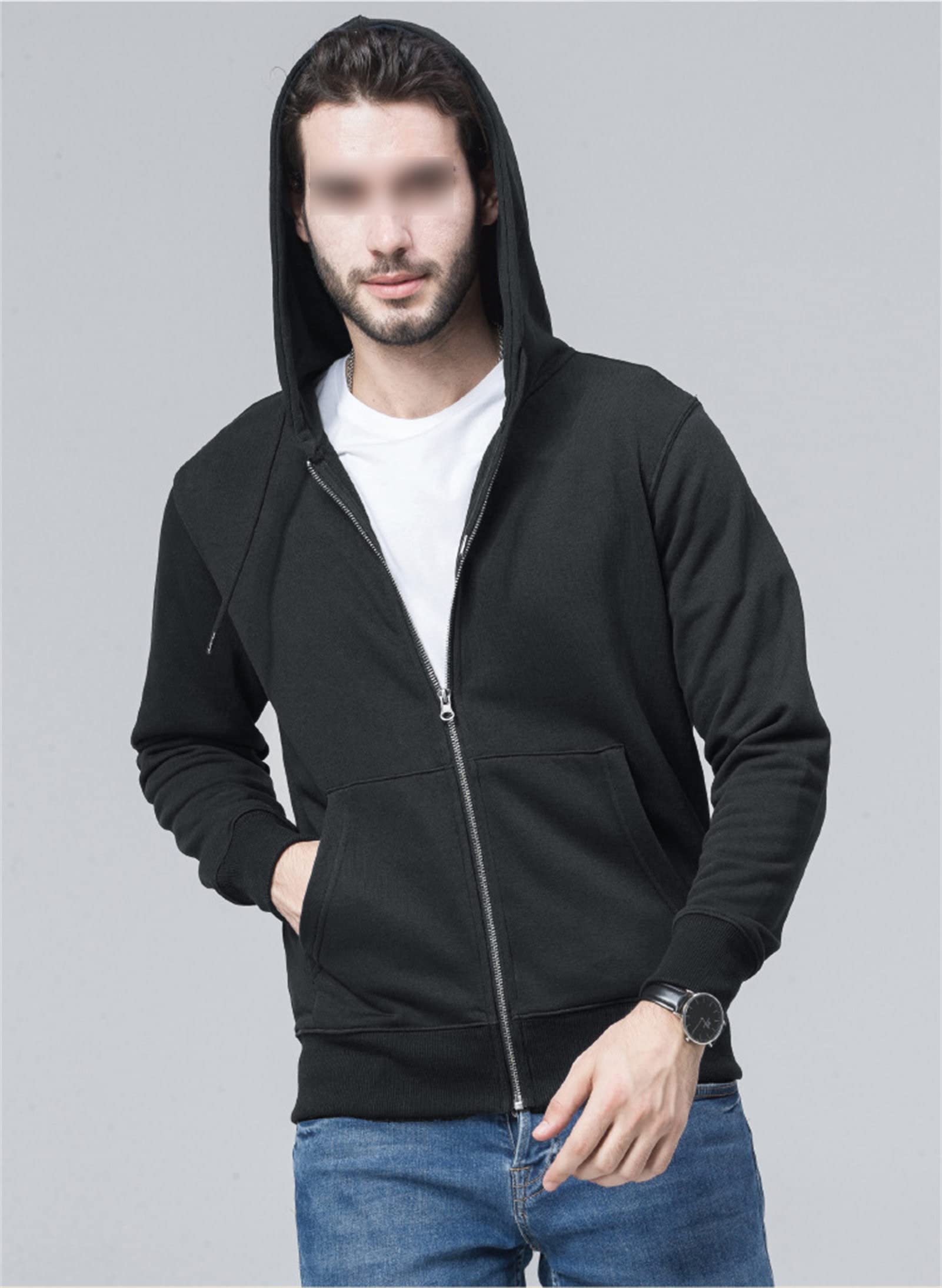 Maiyifu-GJ Men's Full Zip Long Sleeve Hoodies Lightweight Slim Fit Solid Color Hoodie Hooded Sweatshirt With Kanga Pocket (Black,Large)