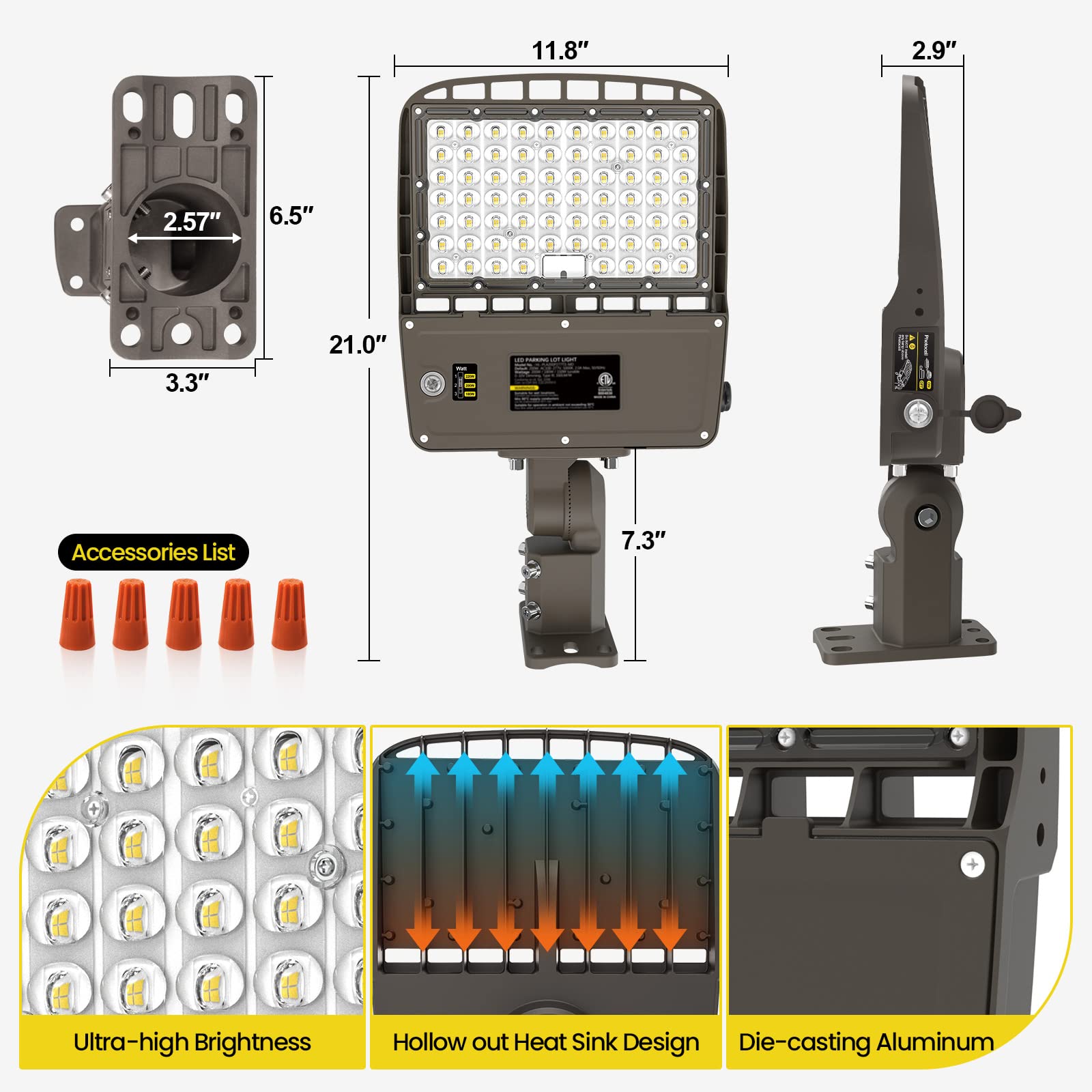 YARBO 240W LED Parking Lot Light 220W 200W Selectable, 38400LM (160LM/W) 5000K LED Shoebox Pole Lights, Dimmable Parking Lot Lights commercial with Dusk to Dawn Photocell, Arm & Slip Fitter in 1 Mount