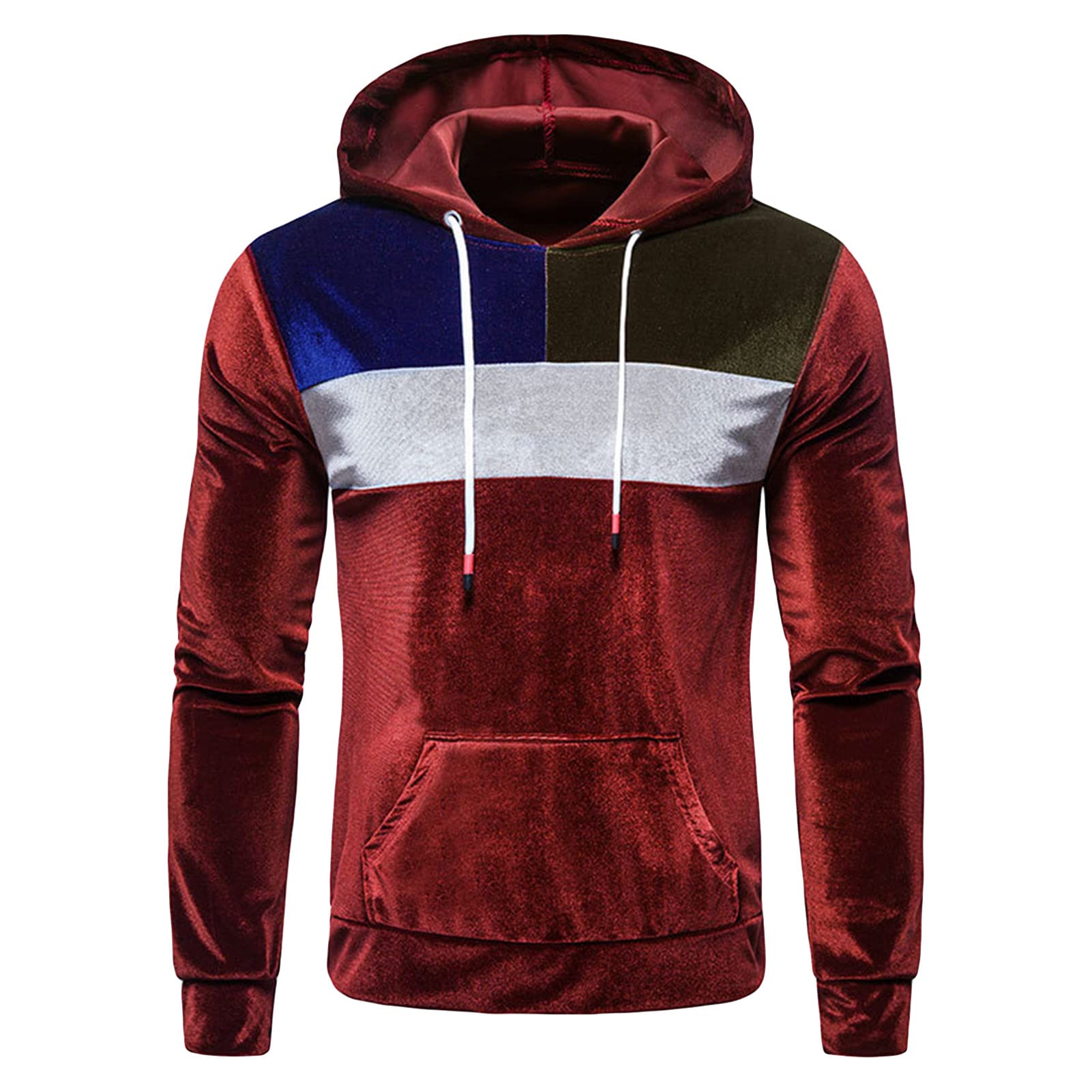 Maiyifu-GJ Men's Color Block Hooded Velour Jacket Casual Long Sleeve Velvet Velour Hoodies Retro Hip Hop Sweatshirt Pullover (Red,3X-Large)