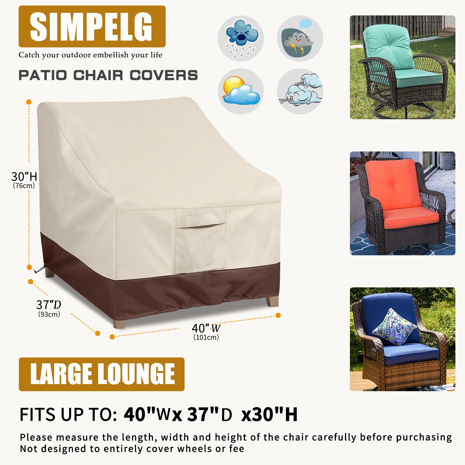 Simpelg Patio Chair Covers For Outdoor Furniture Waterproof 2 Pack,600D Heavy Duty Oxford Chair Covers For Outdoor Furniture, Outdoor Patio Covers 40"W x 37"D x30"H (2 Pack-Beige/Brown-Large)