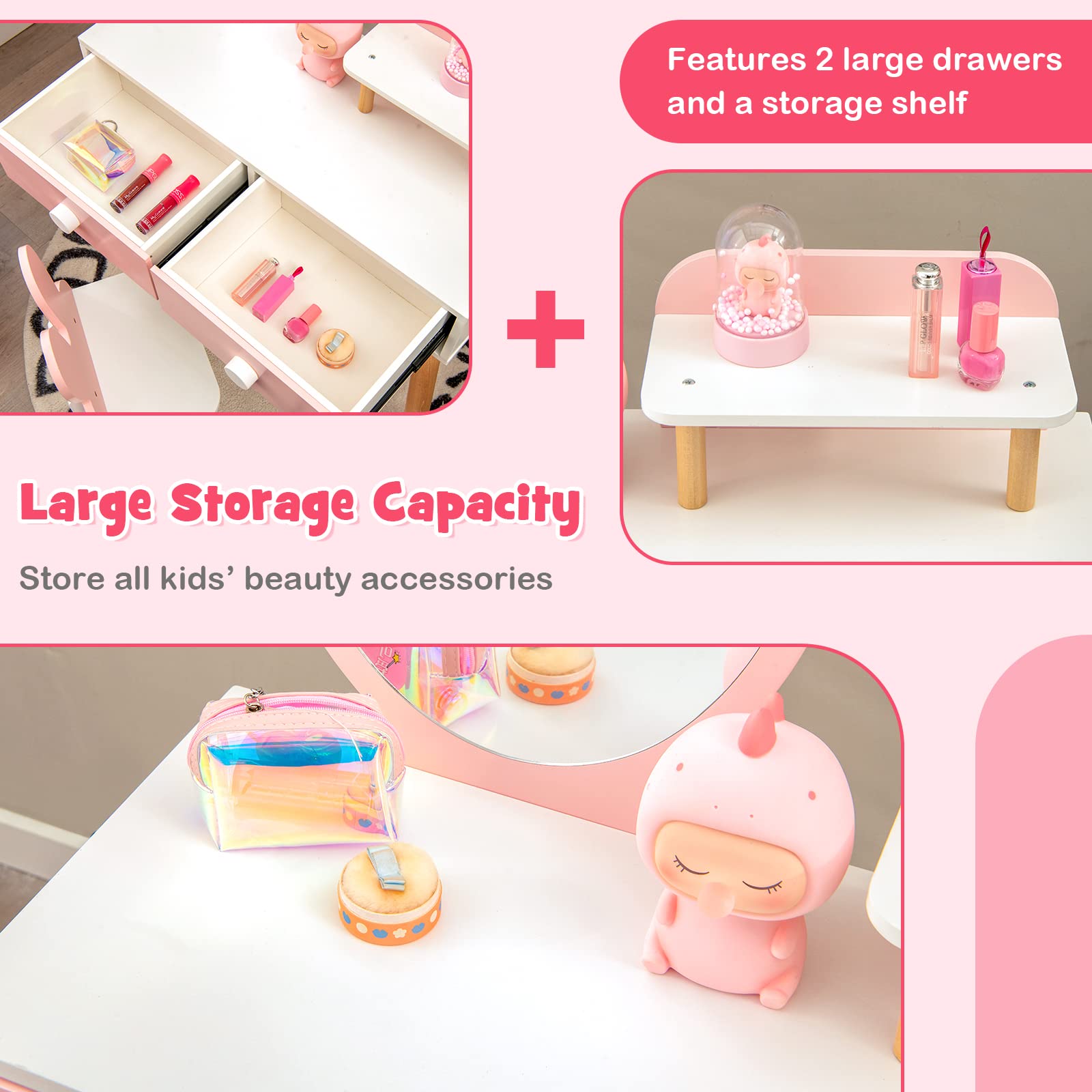 GLACER Kids Vanity Table and Chair Set, Vanity Set with Chair, Removable Mirror, 2 Large Drawers, Storage Shelf and Beech Wood Legs for Girls, Makeup Dressing Table and Chair for Toddlers, Pink