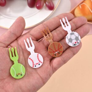 IUAQDP 24 Pieces Sports Ball Fruit Fork, Mini Cute Cartoon Food Picks for Children Bento Decor, Plastic Snack Forks for Cake Dessert Pastry Party Supply, Football Basketball Baseball Tennis Pattern