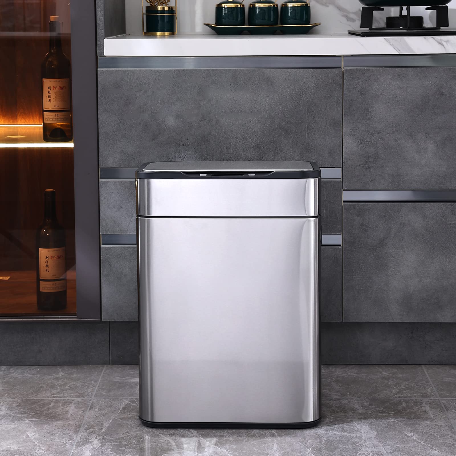 ELPHECO Stainless Steel Kitchen Trash Can 13 Gallon Motion Sensor Trash Can Without Inner Bucket, Large Capacity Automatic Kitchen Waste Bin with Lid