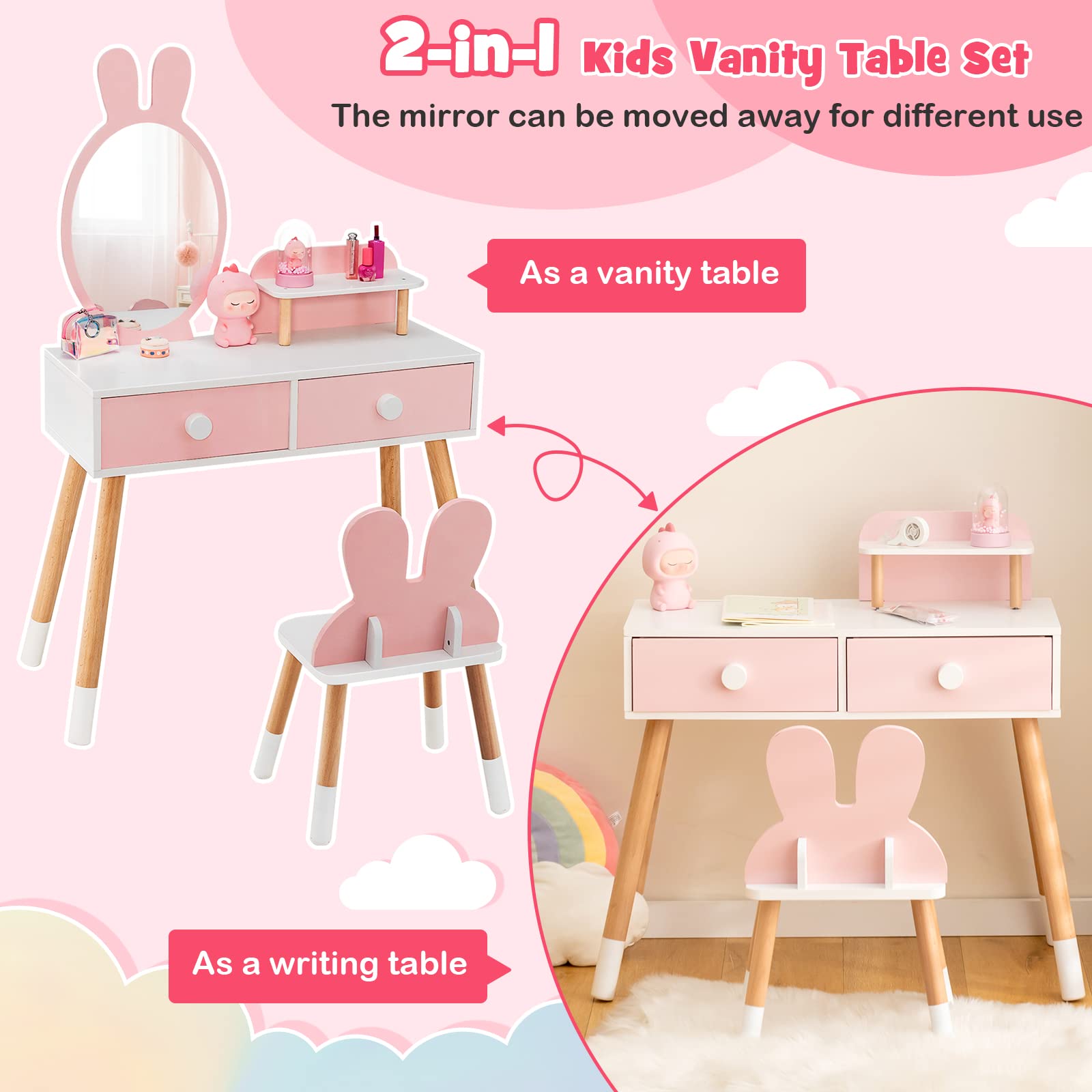 GLACER Kids Vanity Table and Chair Set, Vanity Set with Chair, Removable Mirror, 2 Large Drawers, Storage Shelf and Beech Wood Legs for Girls, Makeup Dressing Table and Chair for Toddlers, Pink