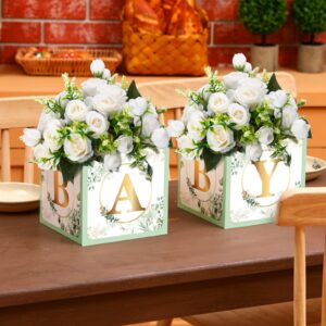 Bucherry 6 Pcs Baby Shower Party Decorations Baby Flower Boxes Centerpiece Rustic Table Display with Letters Gender Reveal Party Favor Block Holder(Green,Sage Green Leaf)