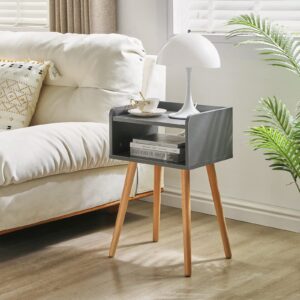 IBUYKE Nightstand, Mid-Century Modern Bedside Table with Solid Wood Legs, Minimalist and Practical End Side Table with Open Storage Shelf, for Living Room/Bedroom/Office, Grey UWNS003G